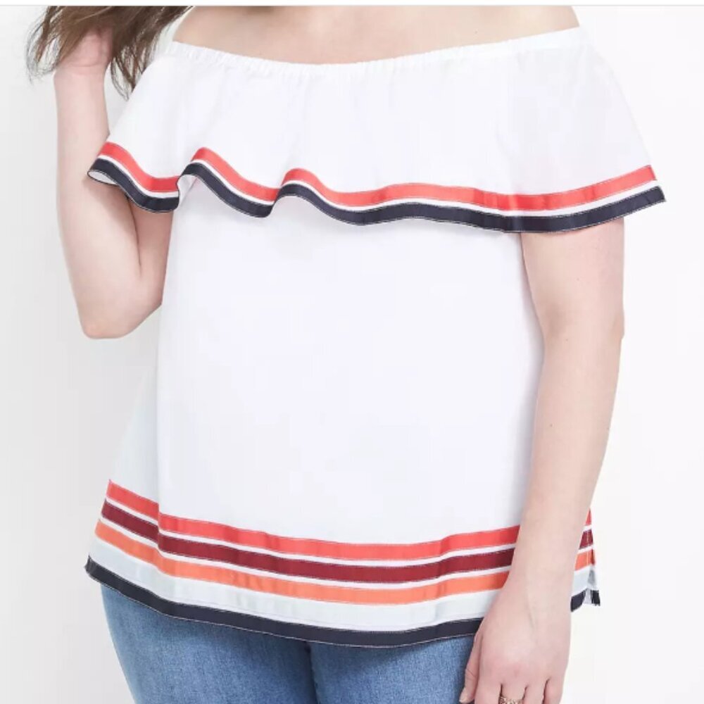 Lane Bryant off the shoulder cotton top white lined accent ribbon trim 14/16
